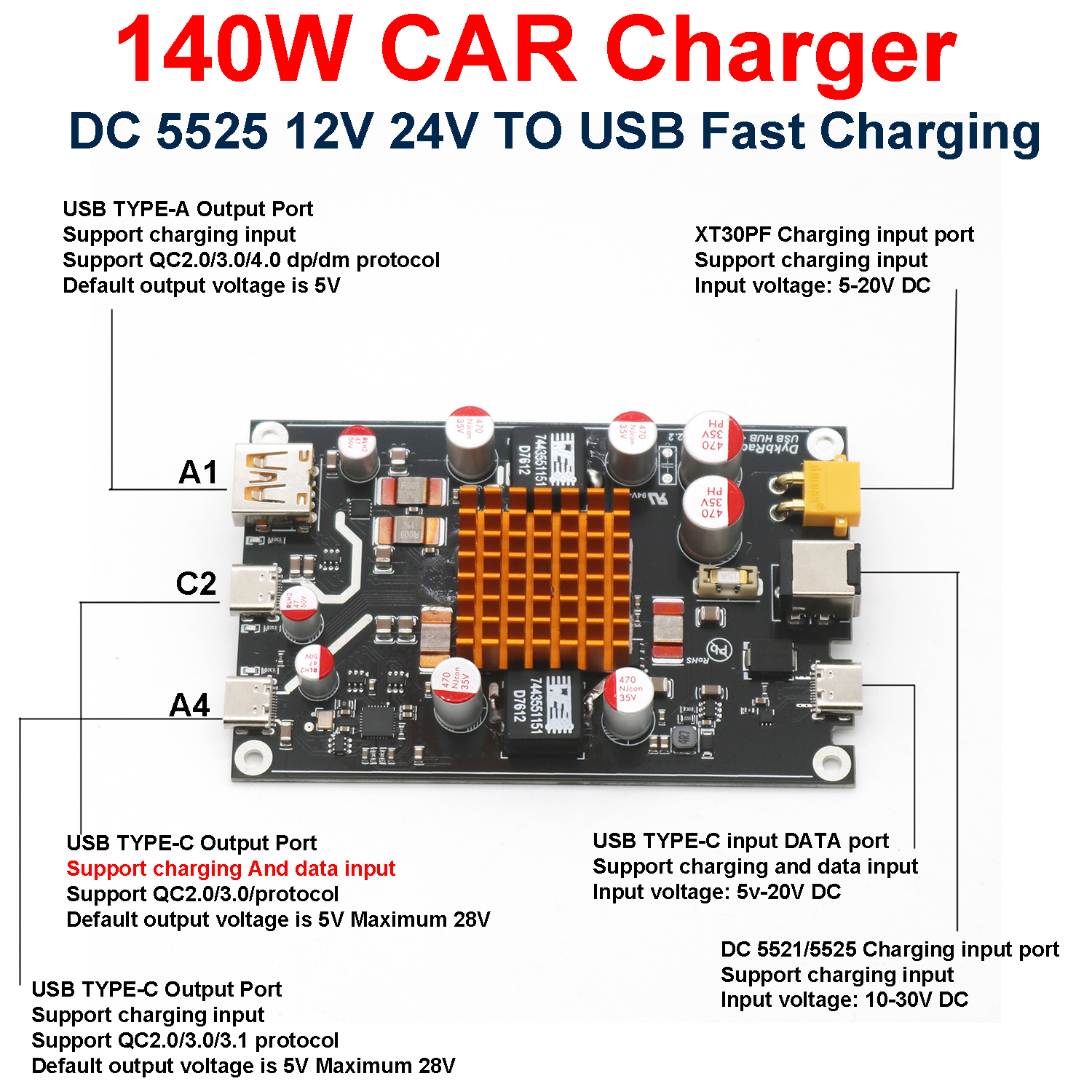 Diy Electronics Module 999 Store - 140W TYPE-C USB Car Charger PD